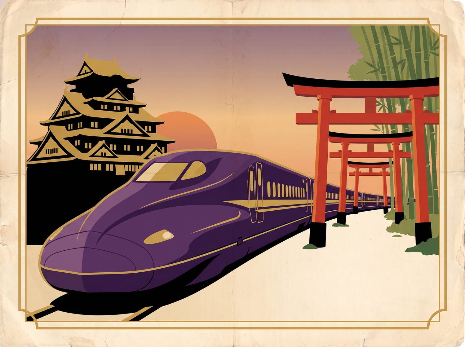 Vintage-style illustrated travel poster of a purple Tokaido Shinkansen train passing Osaka Castle's black-and-gold tower and a row of vermillion torii gates leading into a bamboo grove