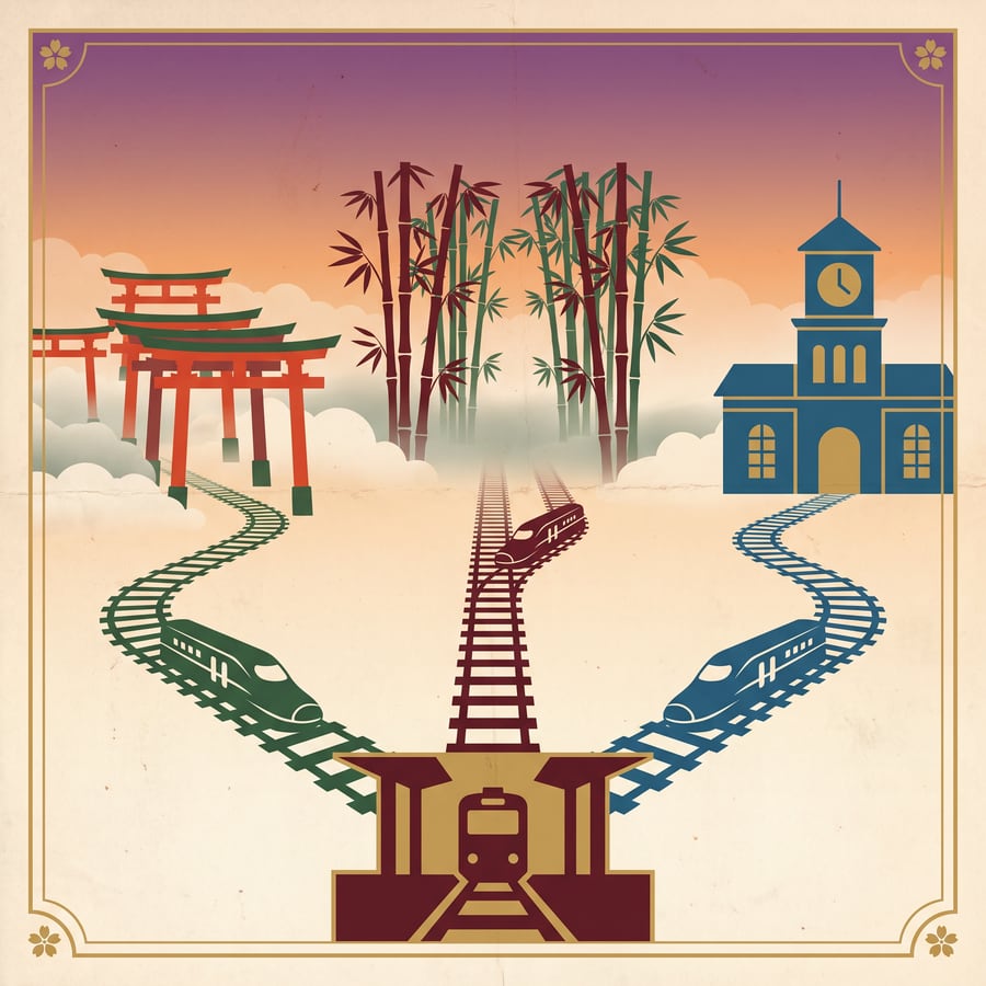 Vintage-style illustrated map showing three train tracks diverging from an Osaka platform: a blue JR track to a Kyoto Station clock tower, a maroon Hankyu track to a bamboo grove near Kawaramachi, and a green Keihan track to the vermillion torii gates near Sanjo/Gion